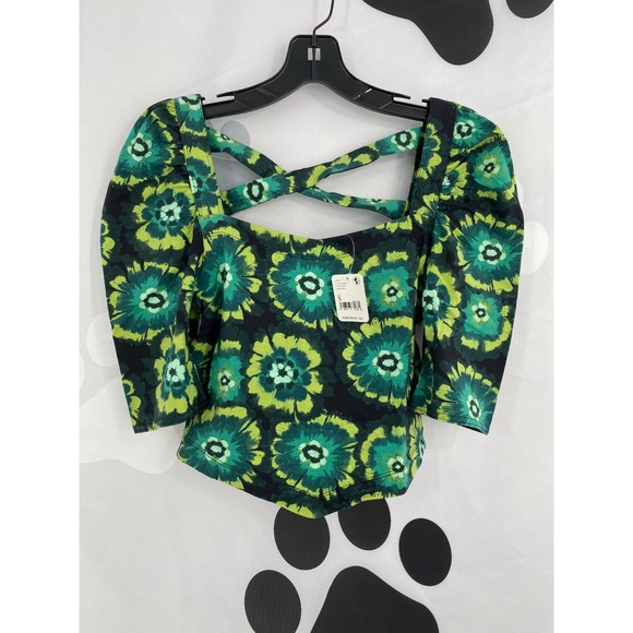 Free People Revolve NWT Give Me More Top Strappy Back Black Combo Green Sm New - Picture 2 of 11